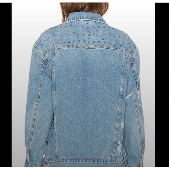 Free People Studded Oversized Denim Trucker Jacket Medium Distressed Blue Boho - Picture 13 of 13